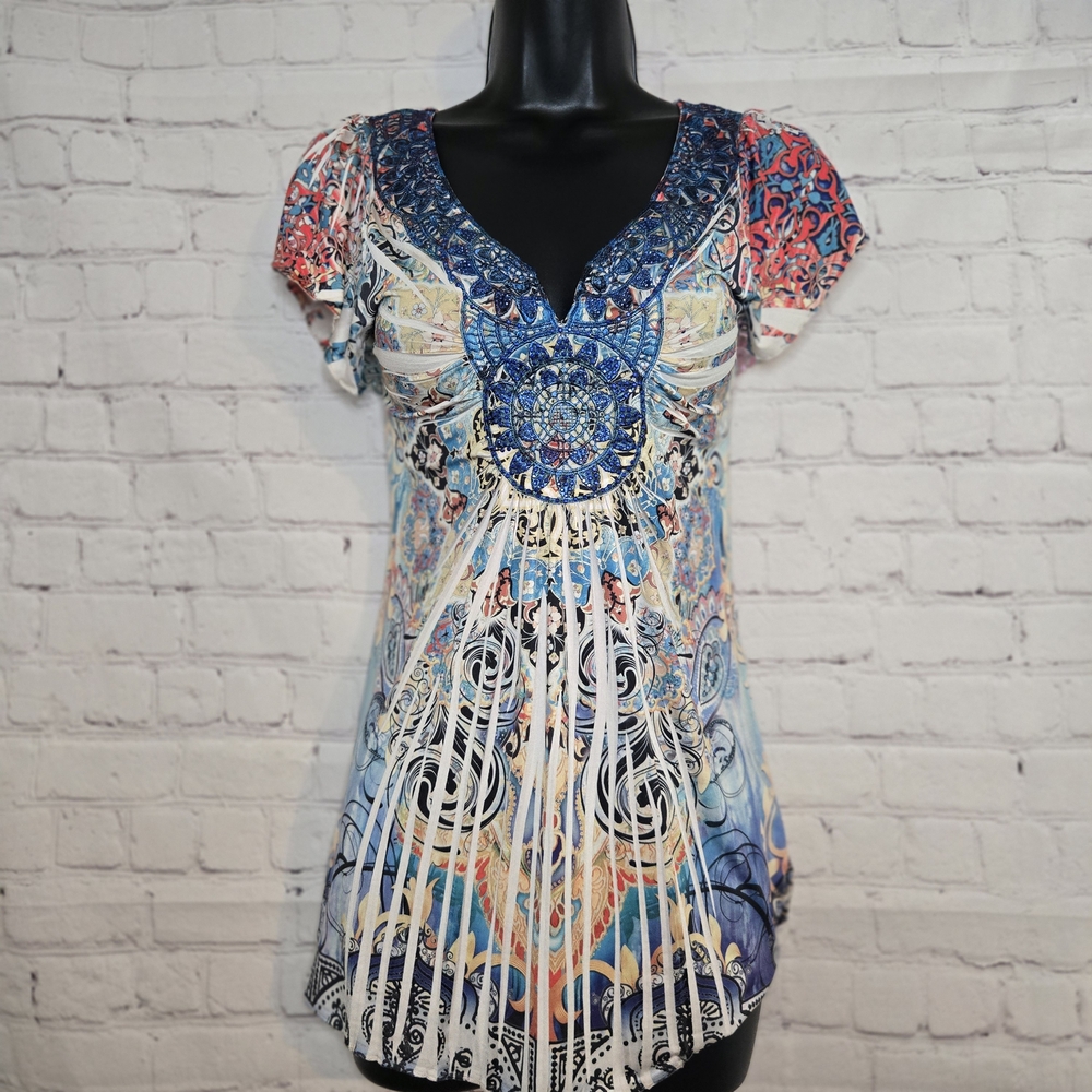 APT 9 y2k indie boho multi colored mandala tunic bedazzled crochet detail small